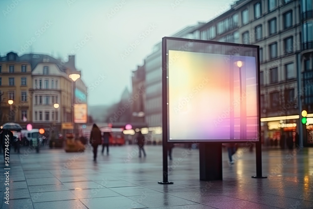 Wet City Billboard on a Rainy Day. Generative AI