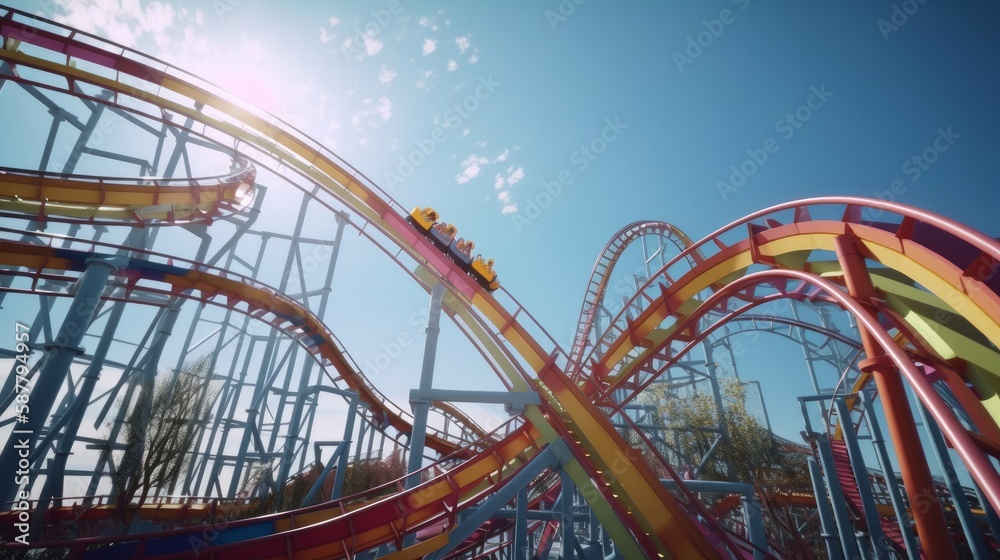 Fototapeta premium Crazy rollercoaster rides at amusement park. Generative ai
