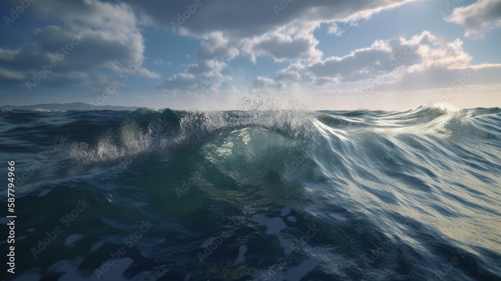 Sea waves and sky seen from speedboat moving across sea, water hitting boat. Generative ai