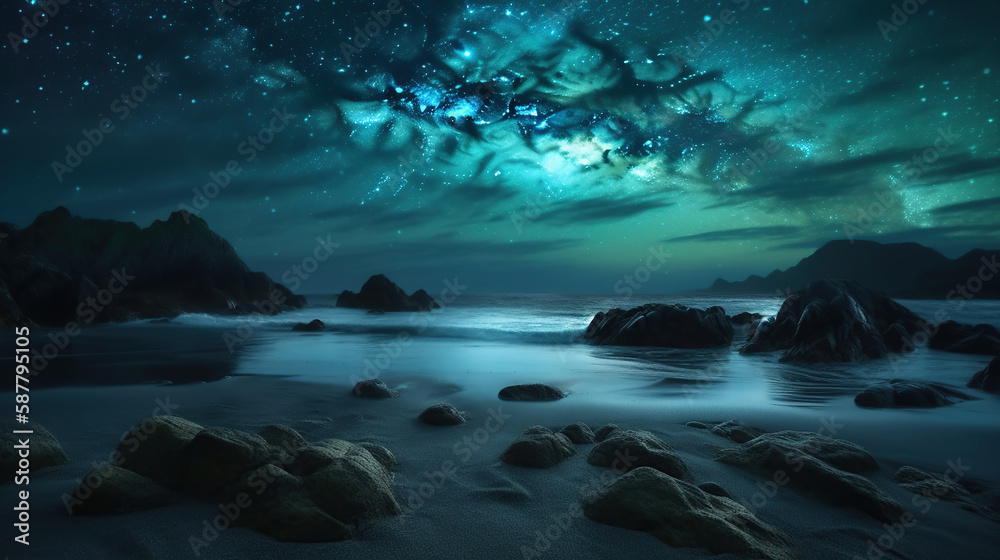 beach covered in lots of Light Blue rocks under a night sky. Generative Ai