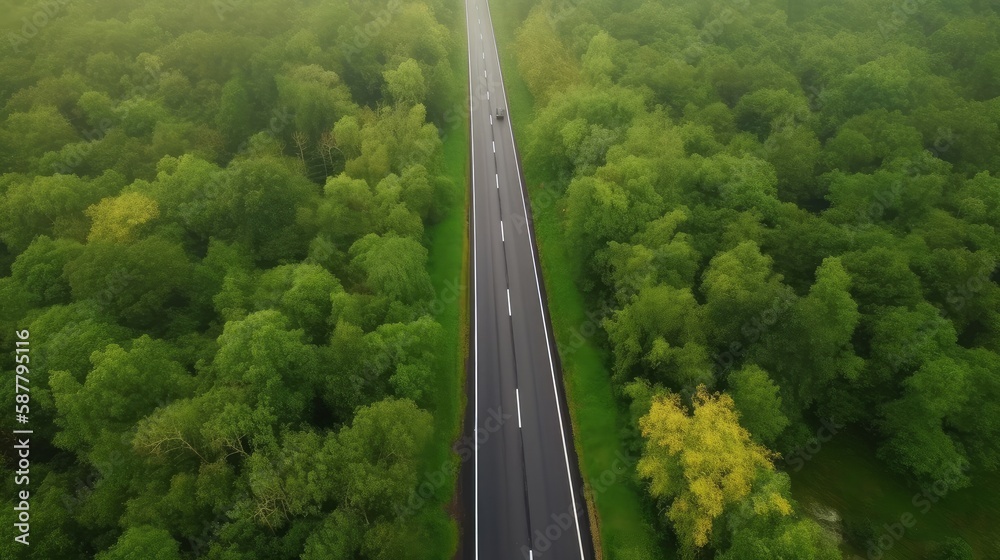 Aerial top view of asphalt road through green forest, healthy rain forest. Generative ai