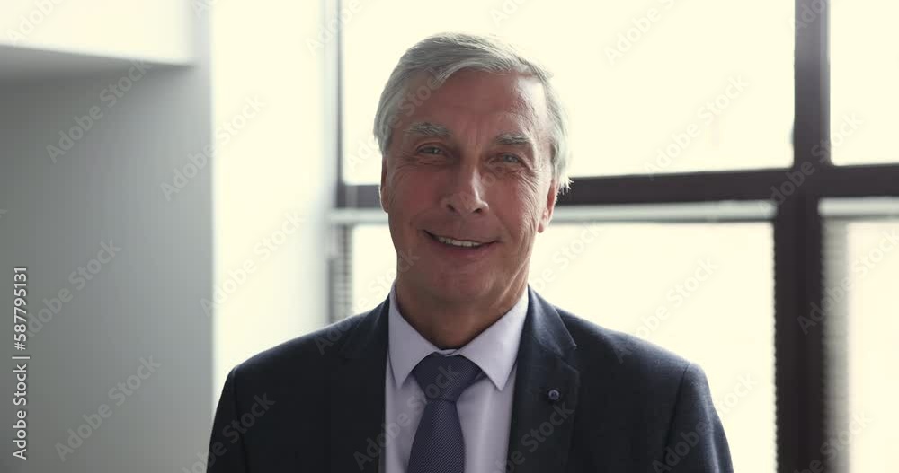 Head shot portrait of confident happy mature business man in formal suit and necktie, smile looks at camera, posing, stand at workplace. Business ambitions, career, company boss or owner portrait