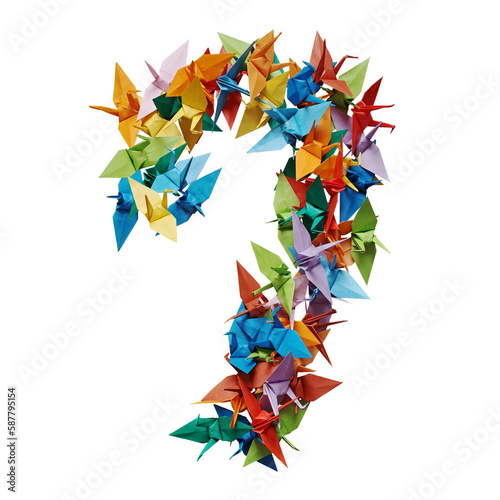 折り紙の鶴で作った数字の7。透過背景。 