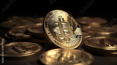 Bitcoin crypto currency. BTC coins on black background. Blockchain technology, Bitcoin mining concept. Generative ai