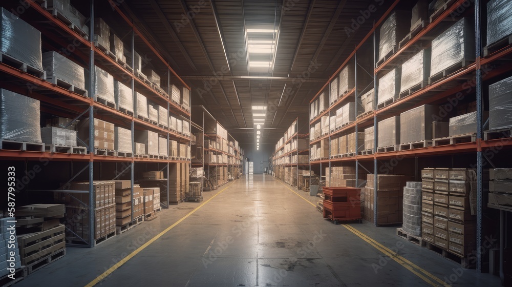 An empty warehouse with shelves and boxes. Generative AI