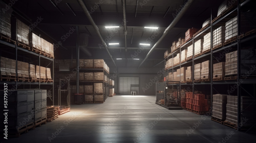 An empty warehouse with shelves and boxes. Generative AI