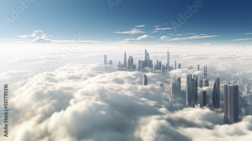 Panorama top of clouds and skyscrapers above the clouds. Generative ai