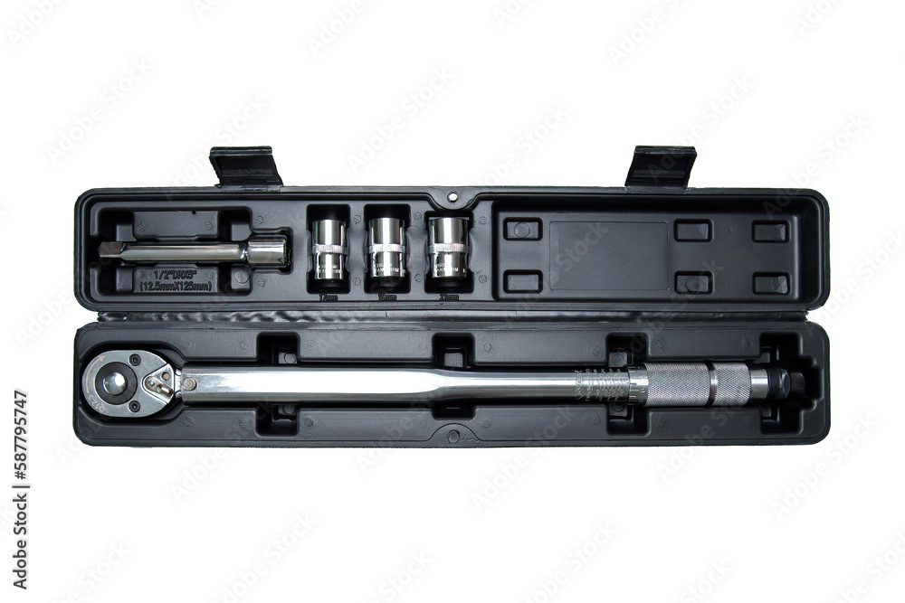 Fototapeta premium torque wrench in a case on a white background. Adjustable torque wrench spanner hand tool and different nuts.