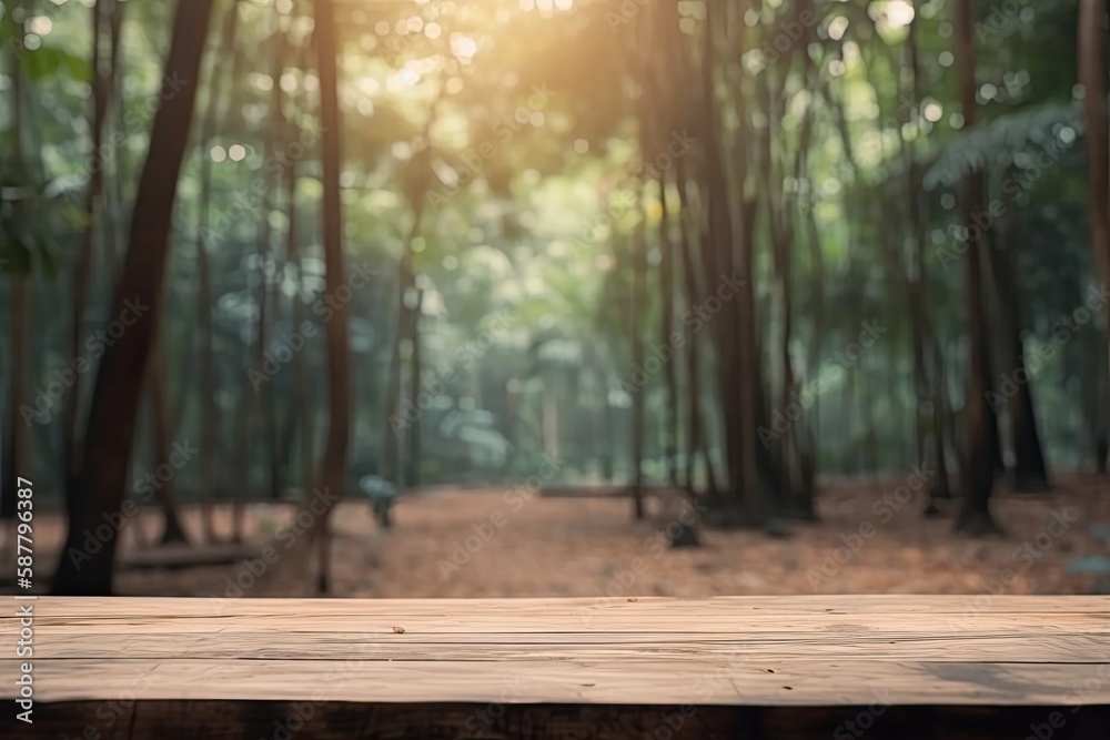 wooden table situated in the middle of a lush forest surrounded by trees. Generative AI wooden table situated in the middle of a lush forest surrounded by trees. Generative AI