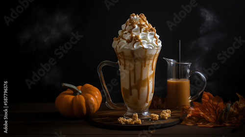 Pumpkin pie milkshake with caramel syrup and whipped cream. Generative Ai