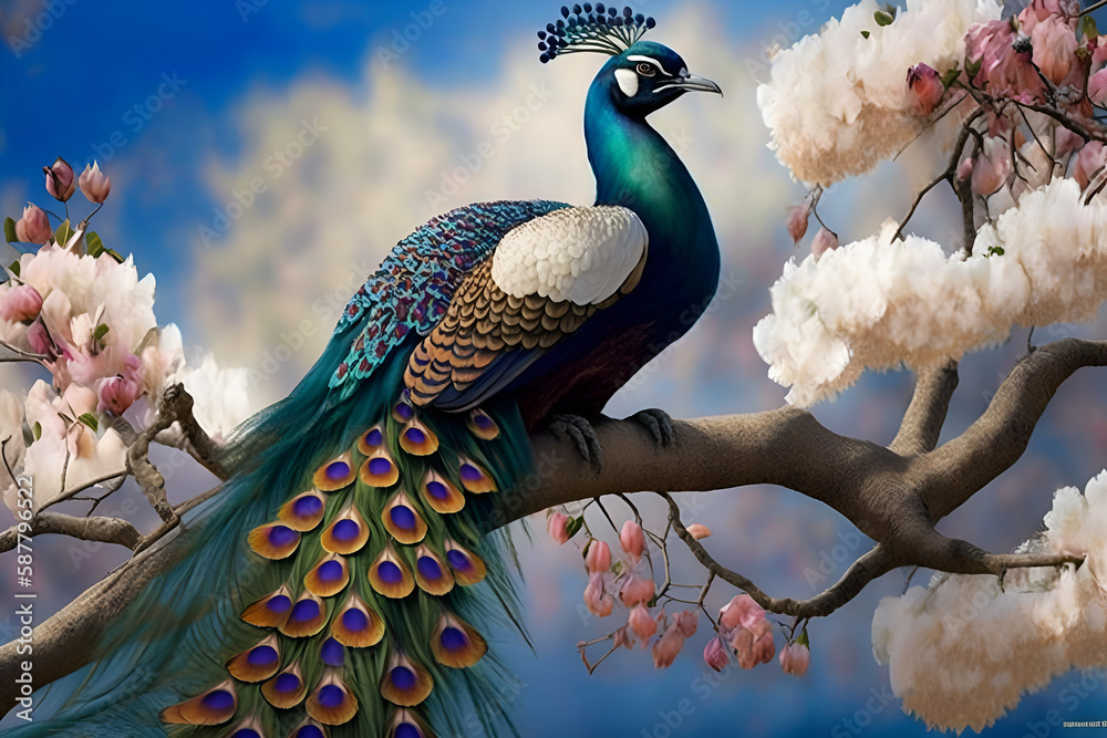 Peacock Sitting On A Tree Branch With Pink Flowers Stock Illustration Peacock Sitting On A Tree Branch With Pink Flowers Stock Illustration