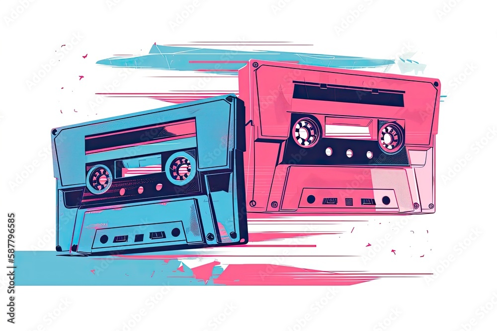 Naklejka premium Illustration of two vintage cassette tapes side by side. Generative AI