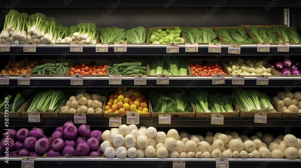 Fresh vegetables on shelf in supermarket for background. Generative Ai