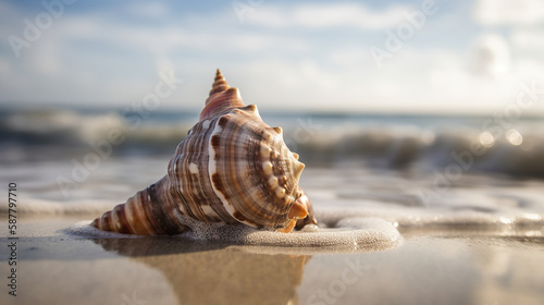 large shell in the beach on the waves on the ocean. Generative Ai