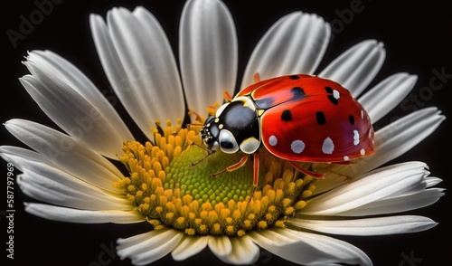  a ladybug sitting on top of a white flower. generative ai