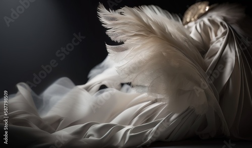 Fototapeta Naklejka Na Ścianę i Meble -   a white dress with feathers on it is laying down on a bed.  generative ai