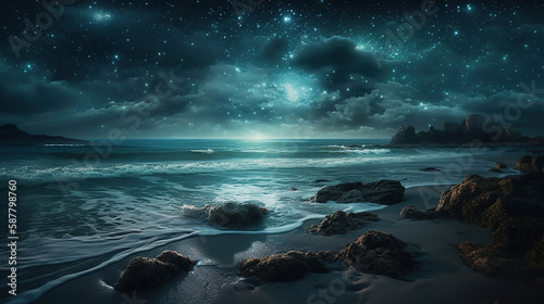 beach covered in lots of Light Blue rocks under a night sky. Generative Ai © Putra