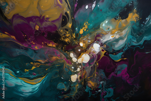Fluid Art. Abstract colorful background, wallpaper, texture. Mixing paints. Modern art. Generative AI