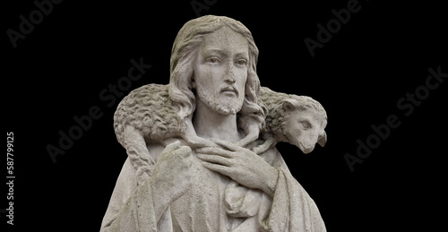 Jesus Christ is the good shepherd. Sheep on God's back in retro background © vlady1984