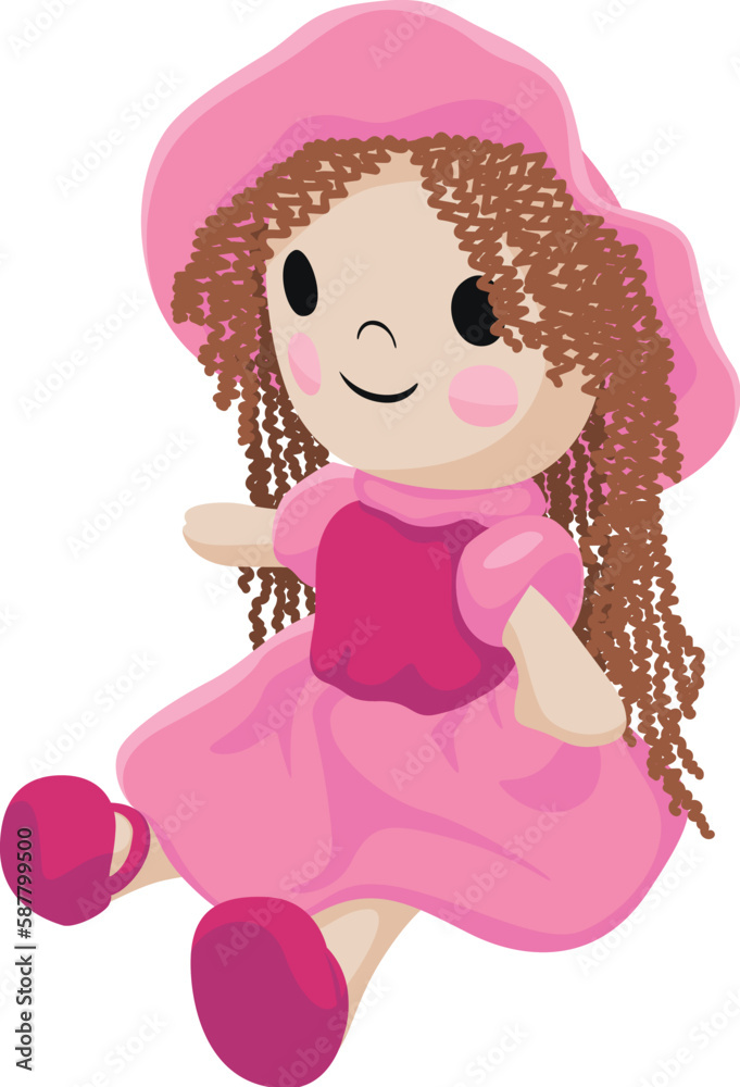 Illustration of a doll in a pink dress and slip. Cute doll who sits. Isolated on a white background