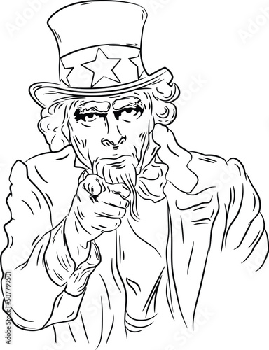 An illustration of Uncle Sam pointing his finger at us. Isolated on a white background