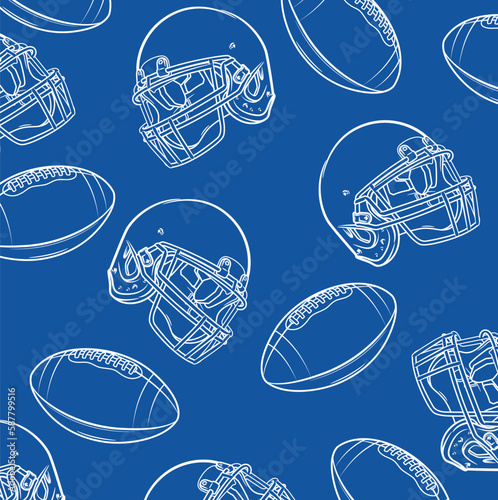 A pattern of helmets and soccer balls scattered.Sporty mood.The spirit of American soccer