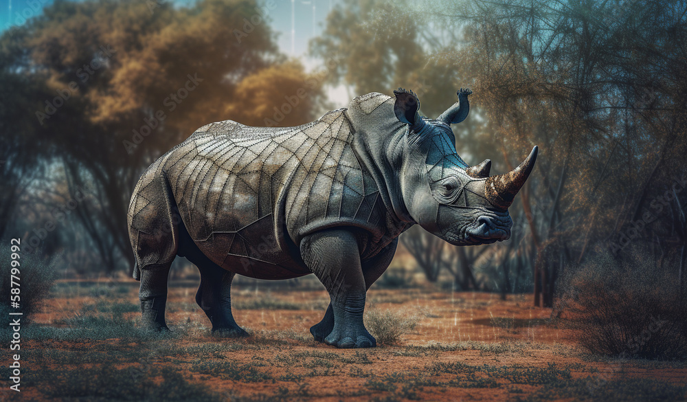 Fototapeta premium Exploring new technologies and artificial intelligence methods being used to increase the population of endangered rhinos. Generative AI