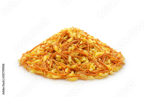 Heap of uncooked bulgur with vermicelli pasta isolated on white background. Ingredients of turkish cuisine.         photo