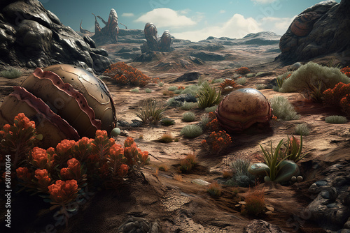 Imaginative possibility of Martian flora and fauna through an otherworldly landscape. From shimmering plants to small creatures, how life could adapt and thrive in the Mars, concept. Generative AI
