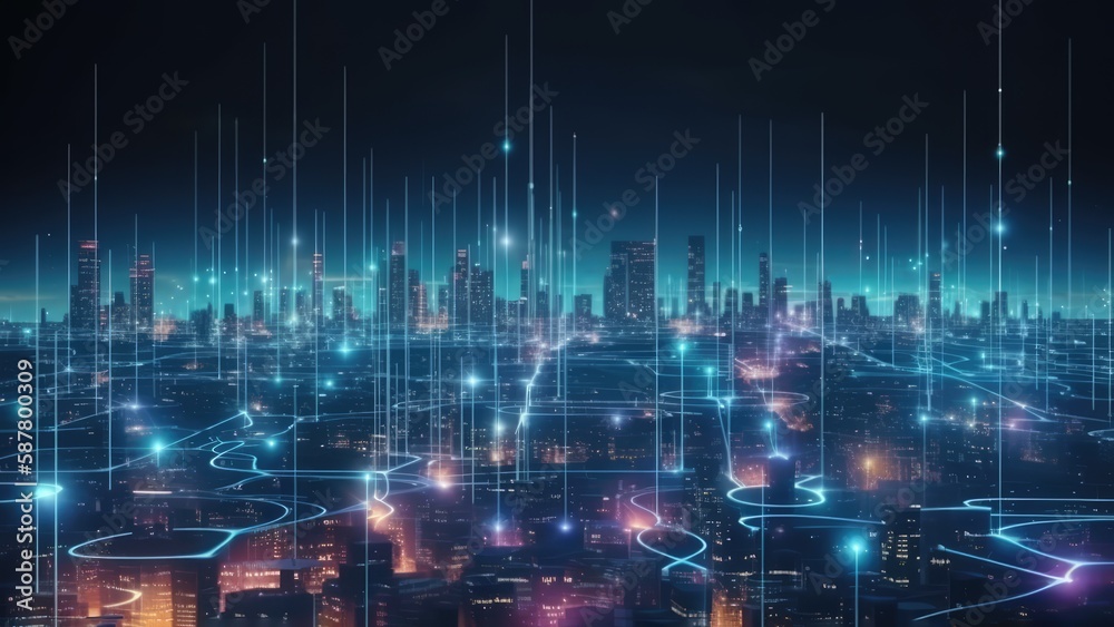 Smart city and abstract line and dot connect with gradient line design , big data connection technology concept. Generative AI.