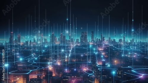 Smart city and abstract line and dot connect with gradient line design , big data connection technology concept. Generative AI.