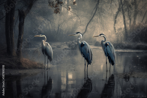 Fototapete A family of herons stand tall in murky, polluted waters