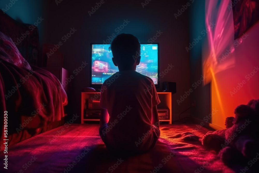 The child plays video games in his room. Rear view of a child sitting in front of a monitor Generative AI