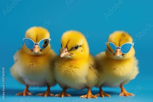 three yellow chicks with blue sunglasses bang, studio blue background Generative AI