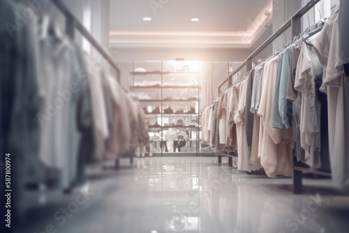 Wallpaper Mural modern clothing boutique with sleek, minimalist decor. The boutique features racks of stylish clothing and accessories, with a few mannequins posed in the foreground Generative AI Torontodigital.ca