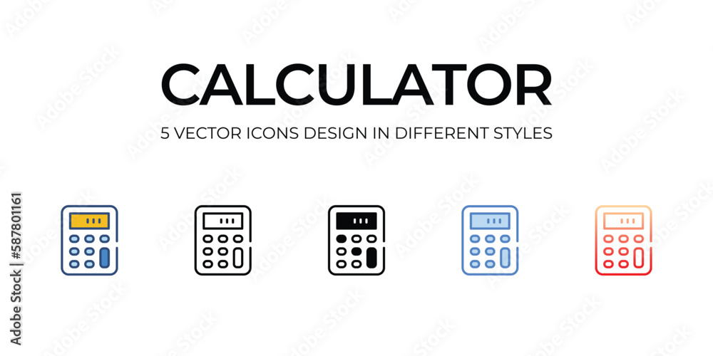 Calculator Icon Design in Five style with Editable Stroke. Line, Solid, Flat Line, Duo Tone Color, and Color Gradient Line. Suitable for Web Page, Mobile App,UI,UX, and GUI design Calculator Icon Design in Five style with Editable Stroke. Line, Solid, Flat Line, Duo Tone Color, and Color Gradient Line. Suitable for Web Page, Mobile App,UI,UX, and GUI design