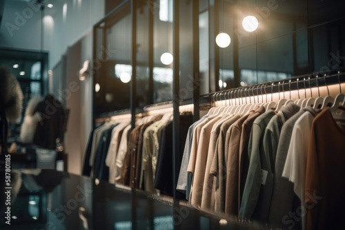 Wallpaper Mural modern clothing boutique with sleek, minimalist decor. The boutique features racks of stylish clothing and accessories, with a few mannequins posed in the foreground Generative AI Torontodigital.ca