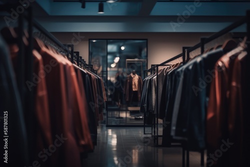 modern clothing boutique with sleek, minimalist decor. The boutique features racks of stylish clothing and accessories, with a few mannequins posed in the foreground Generative AI