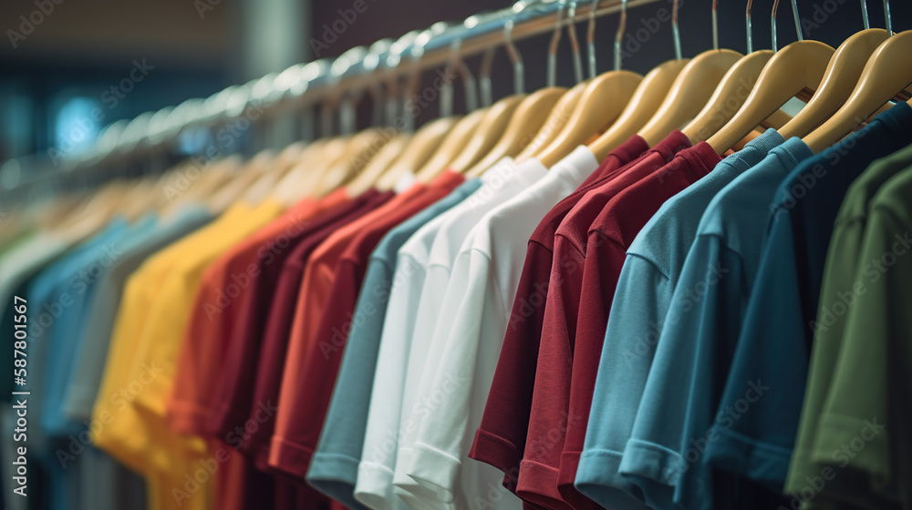 Clothes on hangers in shop for sale. Generative Ai Clothes on hangers in shop for sale. Generative Ai