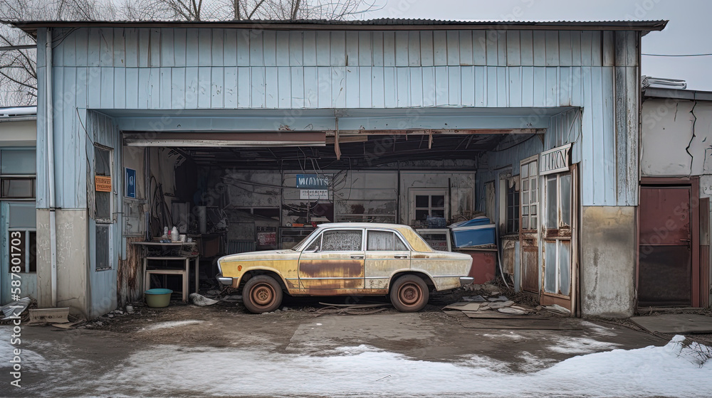 Abandoned cair repair shop. Generative AI