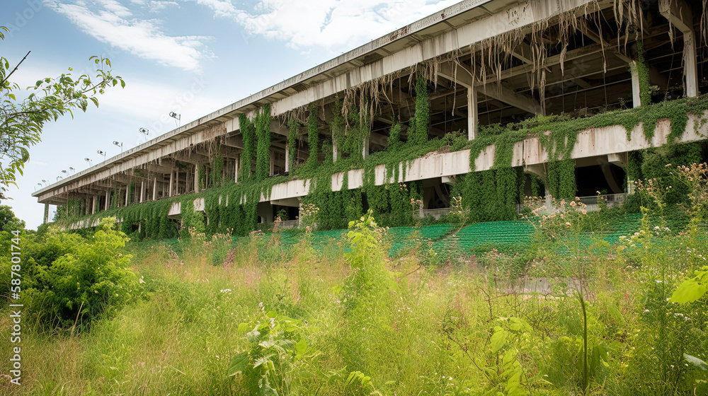 Old overgrown with vegetation stadium. Generative AI