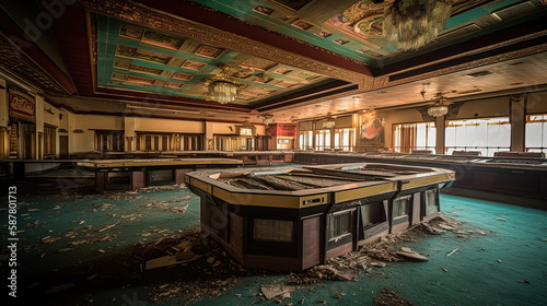 Empty interior of an abandoned casino. Generative AI