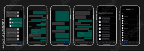 Social media design concept on dark background. Smartphone with chat screen in carousel style. SMS template bubbles for composing dialogues. Modern vector illustration in flat style.