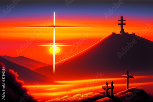 Graphic representation of "The Divine Sunset: Three Crosses and Jesus Christ". Generative AI. 