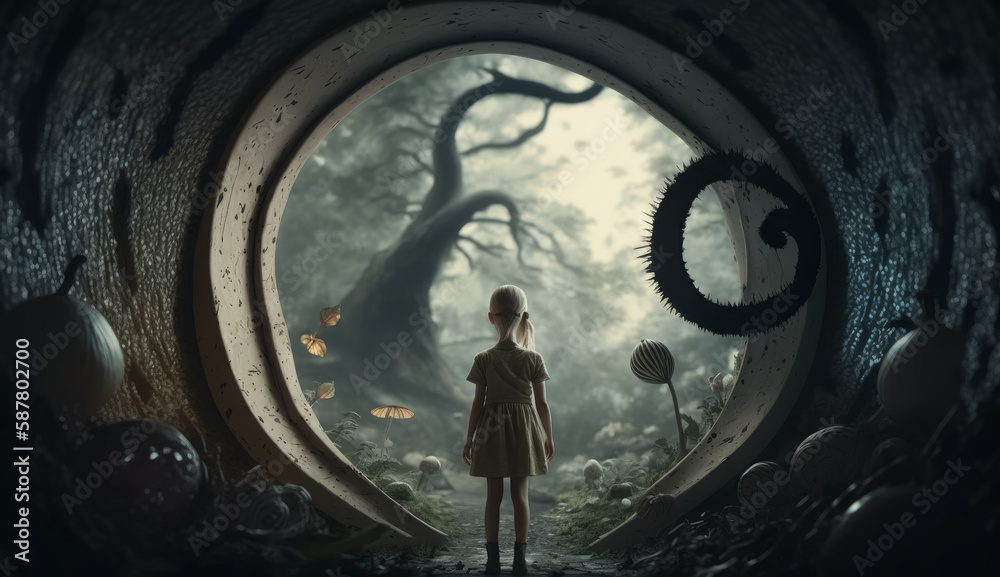 Little girl in front of the entrance to the surreal astral world of mushrooms, created by a neural network. Digital image. Not based on any real person, scene or model. Generative AI.