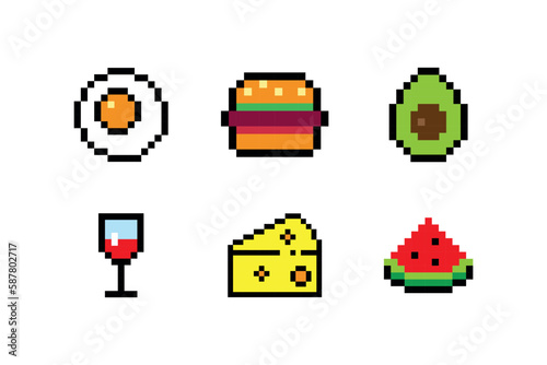 icons set.  simple vector illustration. web flat icon. symbol or sign. logo. set of pixel icons. collection. food and fruits. pixel art. fast food. cheese,   egg, avocado, watermelon, hamburger, wine. © Daria Bubnova
