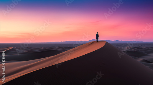 A lonely man silhouetted standing on top of a sand dune in the middle of a desert with the amazing soft, orange, and pink sunset - Generative AI