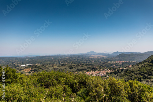 Beautiful landscape inside Corfu Island, Grece with small town between mountains