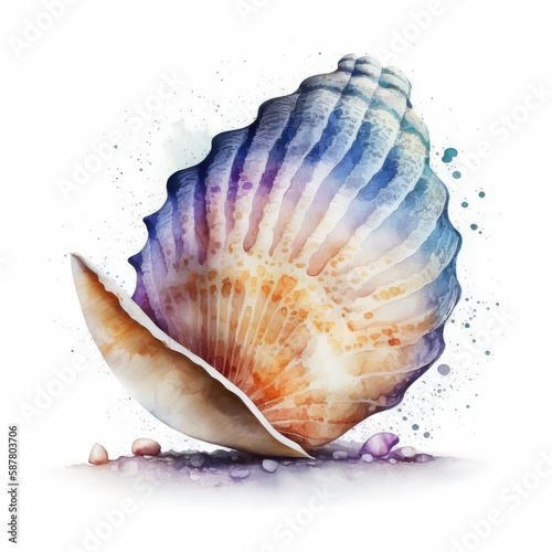 Watercolor Seashell Isolated, Ocean Sea Shell Drawing Imitation, Abstract Generative AI Illustration