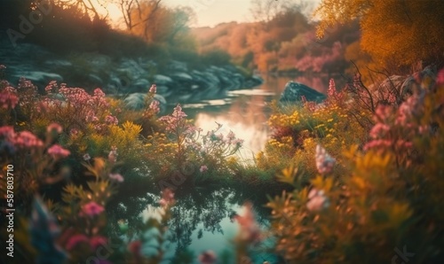  a river surrounded by lots of flowers next to a forest. generative ai